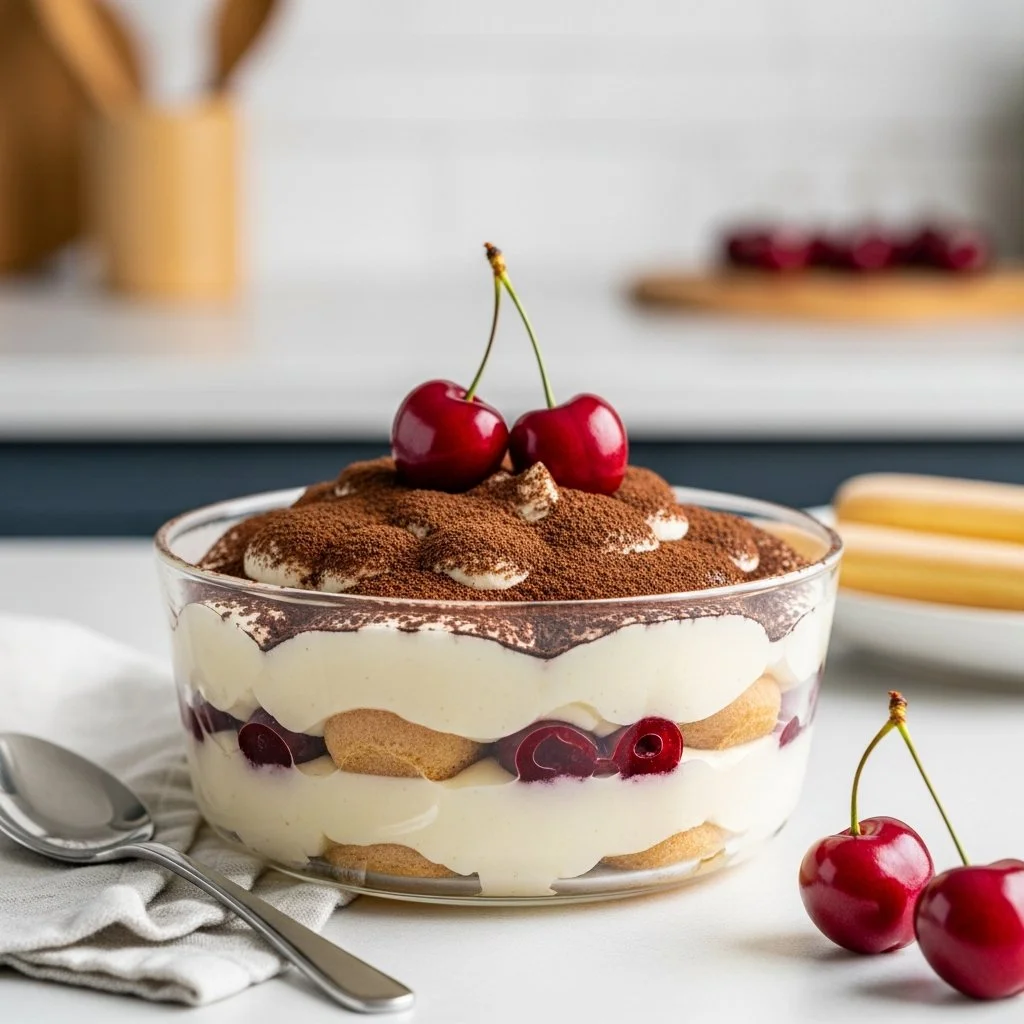 Delicious Cherry Amaretto Tiramisu dessert with cherries and creamy layers.