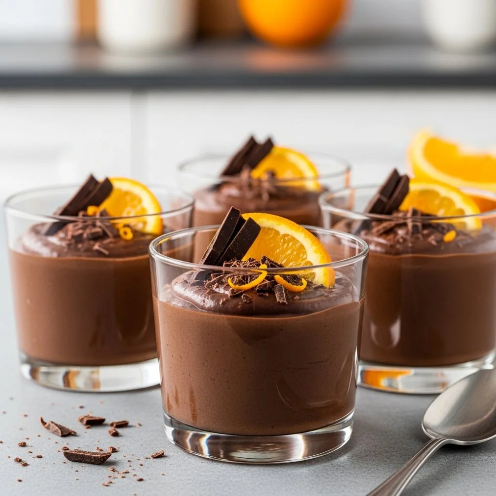 Creamy Chocolate Orange Posset dessert garnished with orange zest.