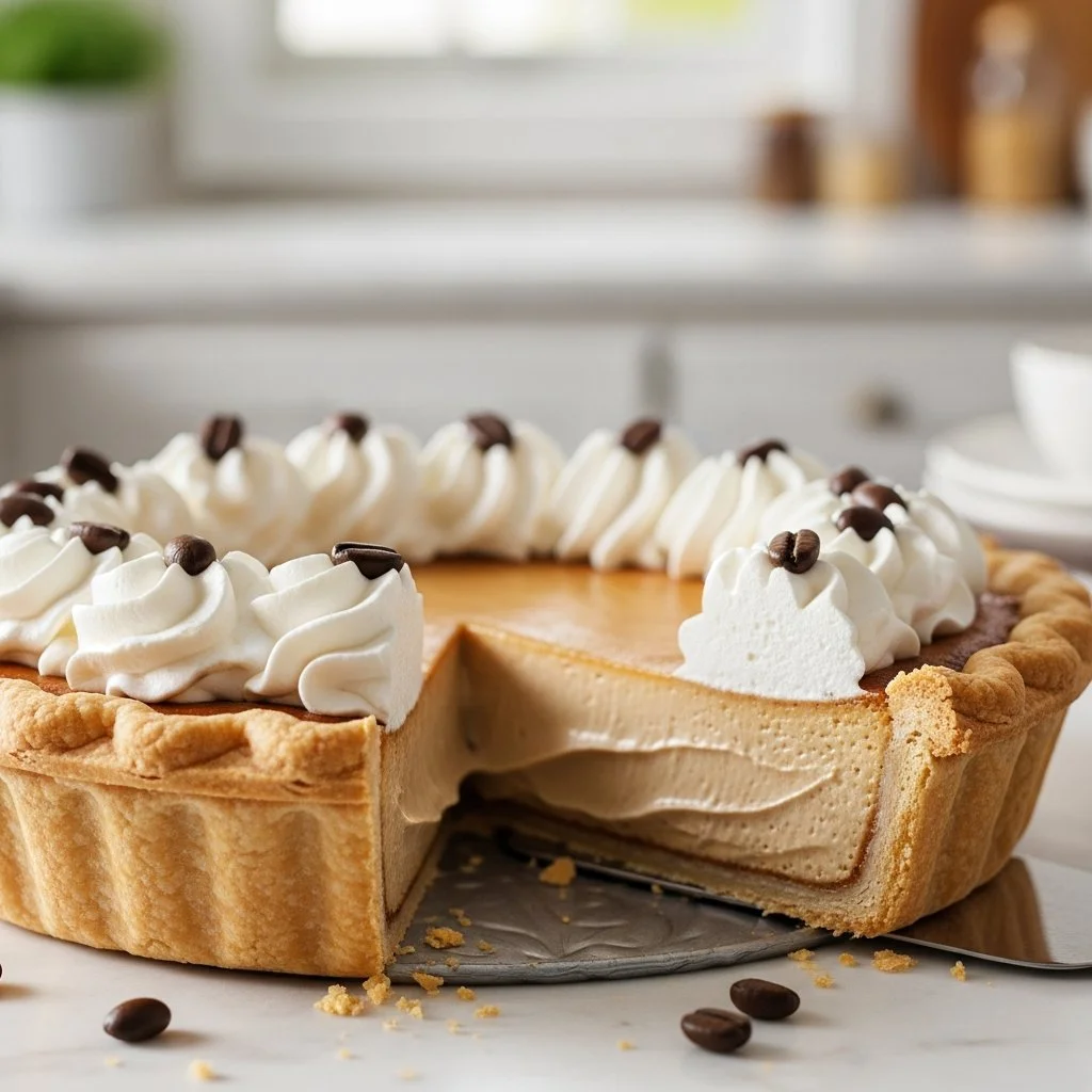 Delicious slice of Coffee Custard Pie garnished with whipped cream