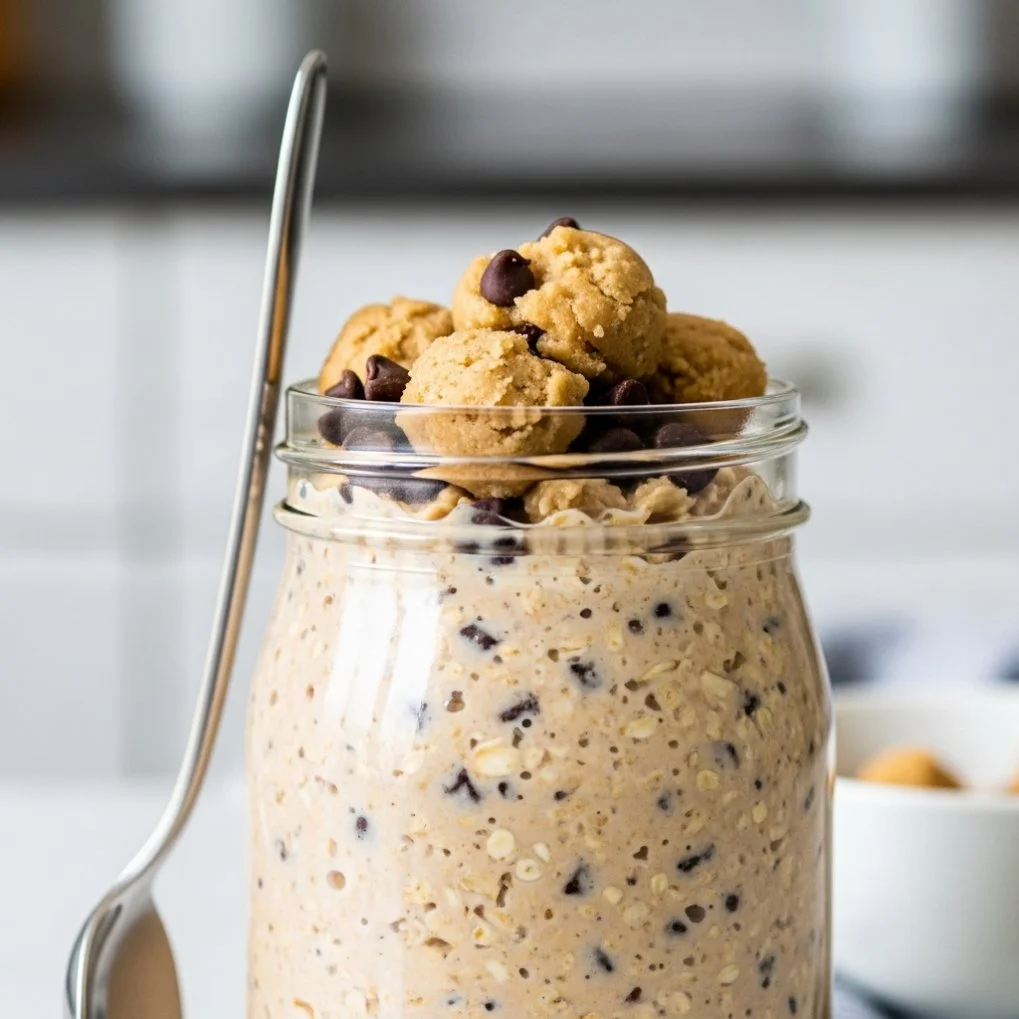 Delicious cookie dough overnight oats in a glass jar topped with chocolate chips.