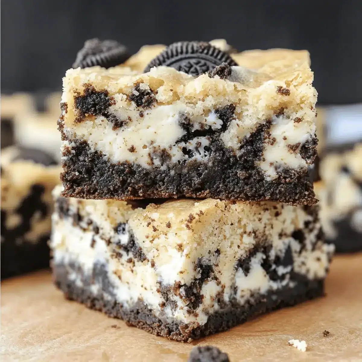 Delicious cookies and cream brownies on a plate, topped with cookie crumbles.