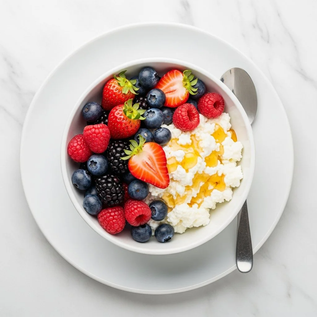 Cottage cheese berry bowl topped with fresh berries and nuts