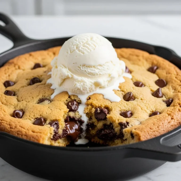 Cottage cheese chocolate chip cookie skillet dessert served in a cast iron pan