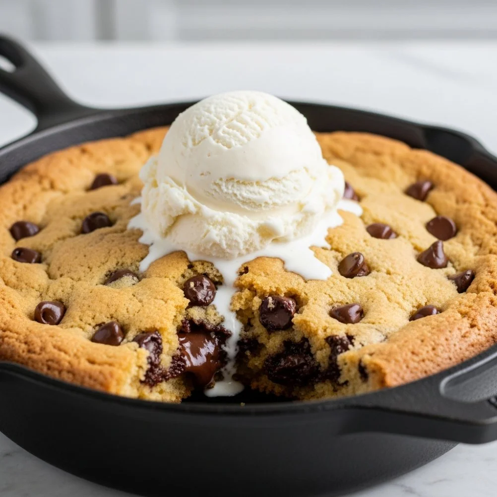 Cottage cheese chocolate chip cookie skillet dessert served in a cast iron pan