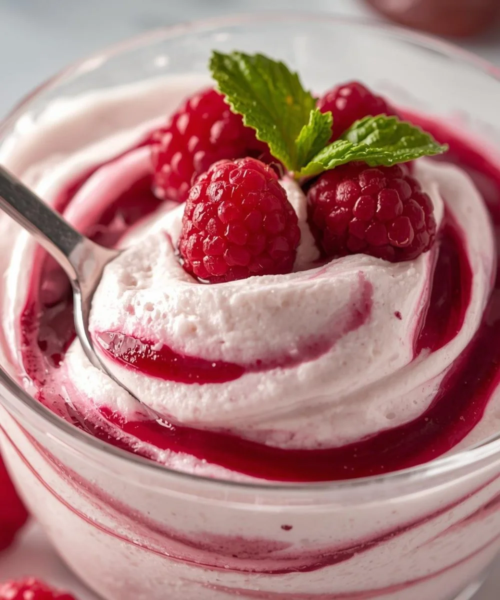 Cottage Cheese Raspberry Mousse in a glass with fresh raspberries on top.