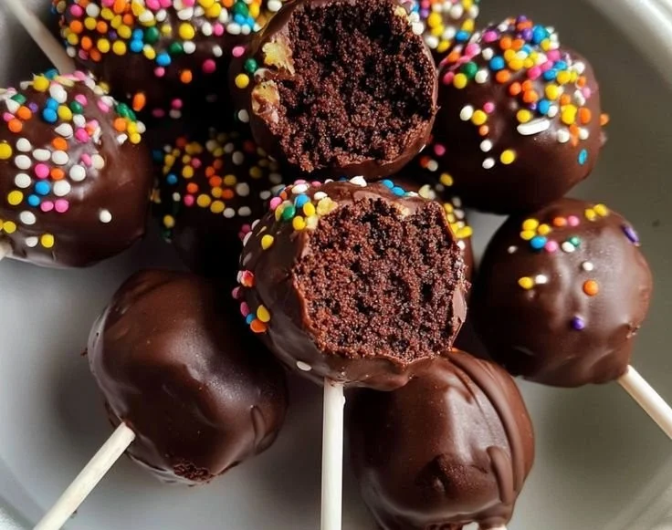 Decadent brownie cake pops decorated with chocolate and sprinkles