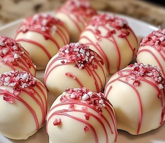Decadent strawberry cheesecake truffle bites with fresh strawberries and creamy filling.