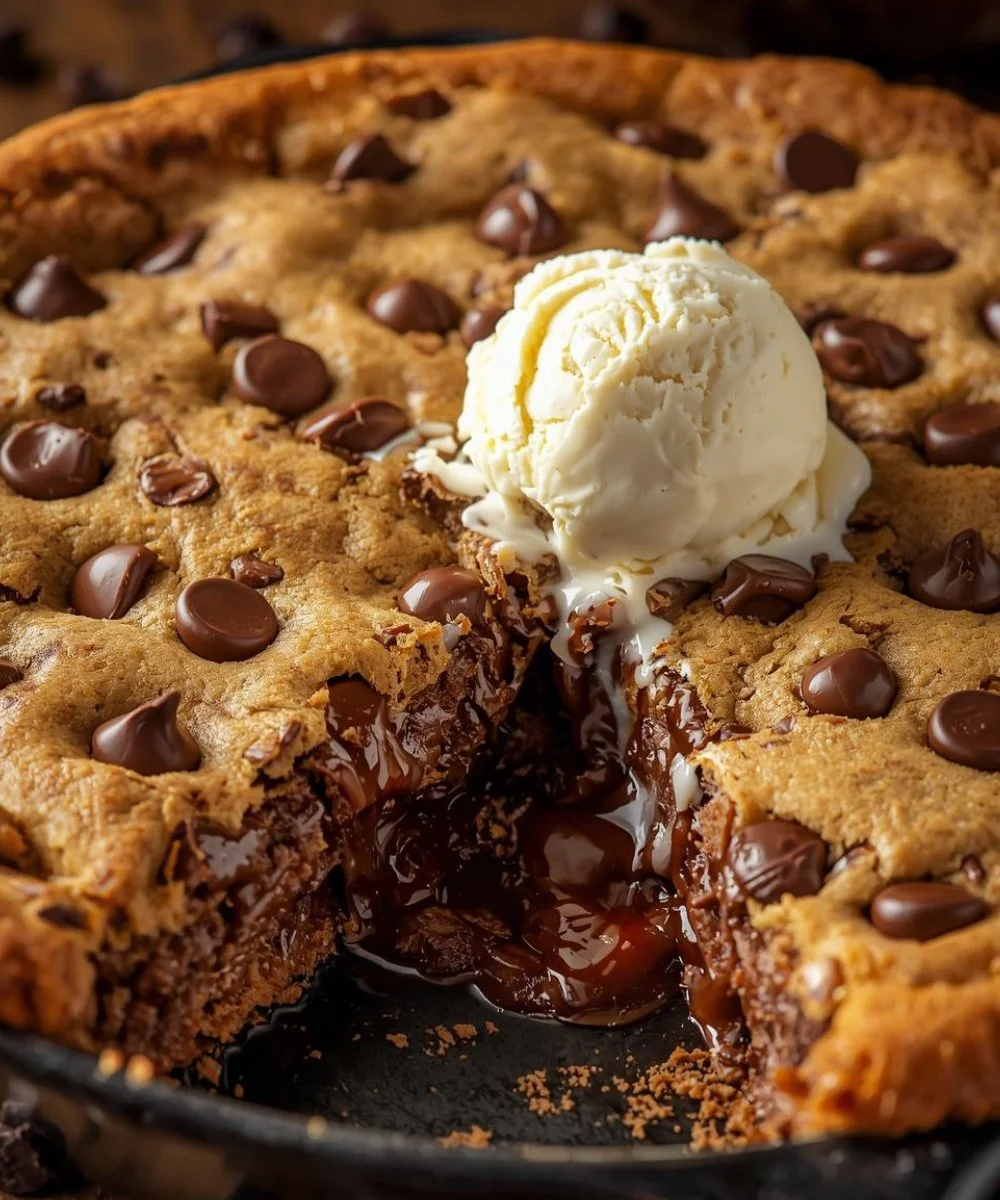 Delicious deep dish chocolate chip cookie pie topped with melted chocolate chips.