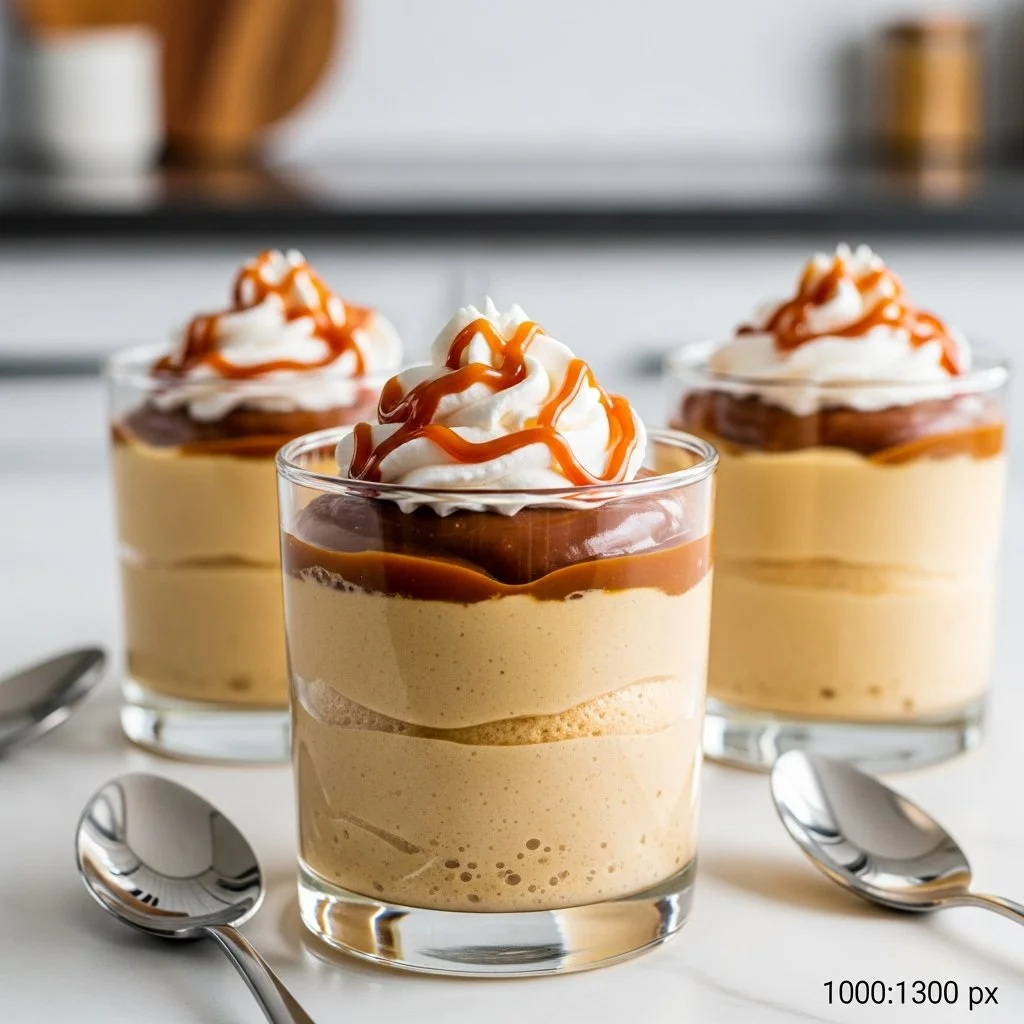 Delicious dulce de leche mousse served in a glass dessert dish.
