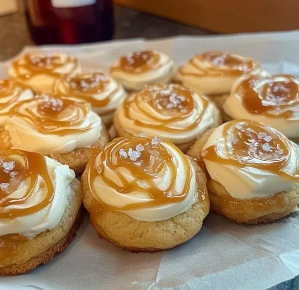 Delicious easy salted caramel cream cheese cookies on a baking tray