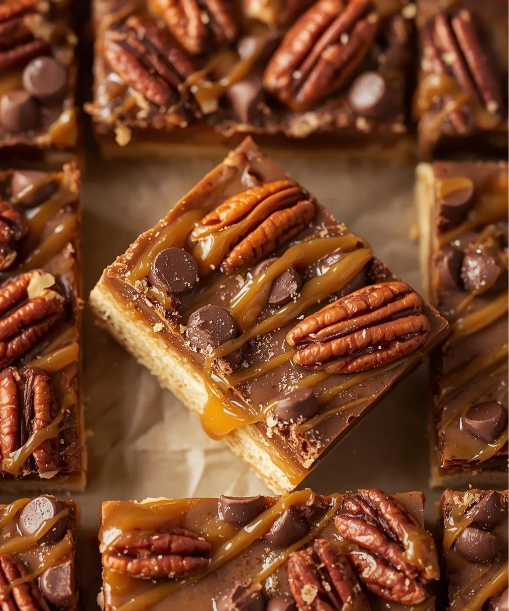 Delicious easy turtle bars with chocolate, caramel, and nuts