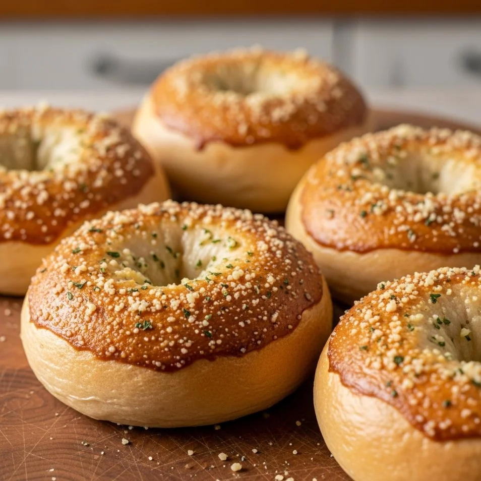 Freshly baked Garlic-Parmesan cottage cheese bagels.