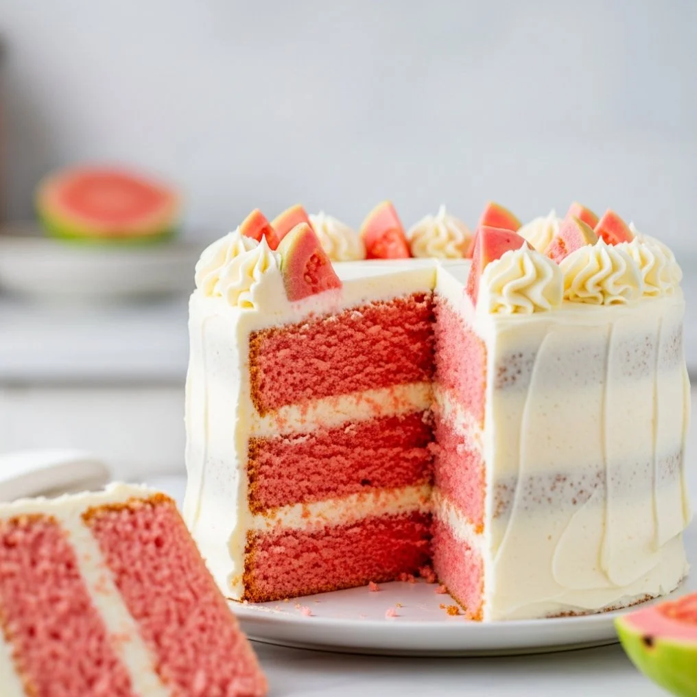 Delicious Hawaiian Guava Cake topped with fresh guava slices and cream
