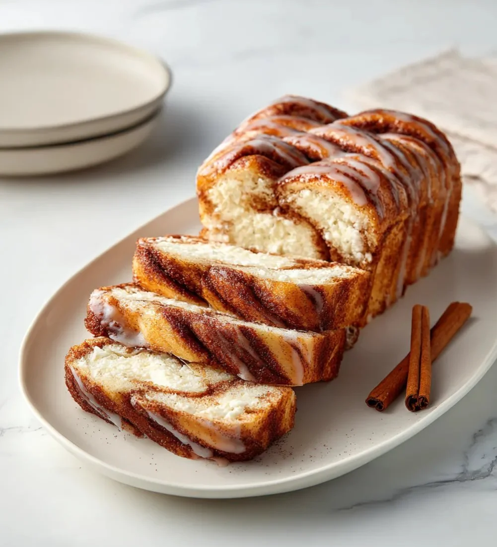High-protein cottage cheese cinnamon roll bread on a wooden table