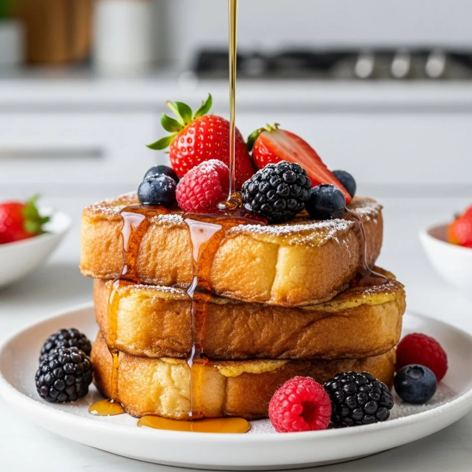 High-Protein French Toast topped with fresh berries and syrup on a plate