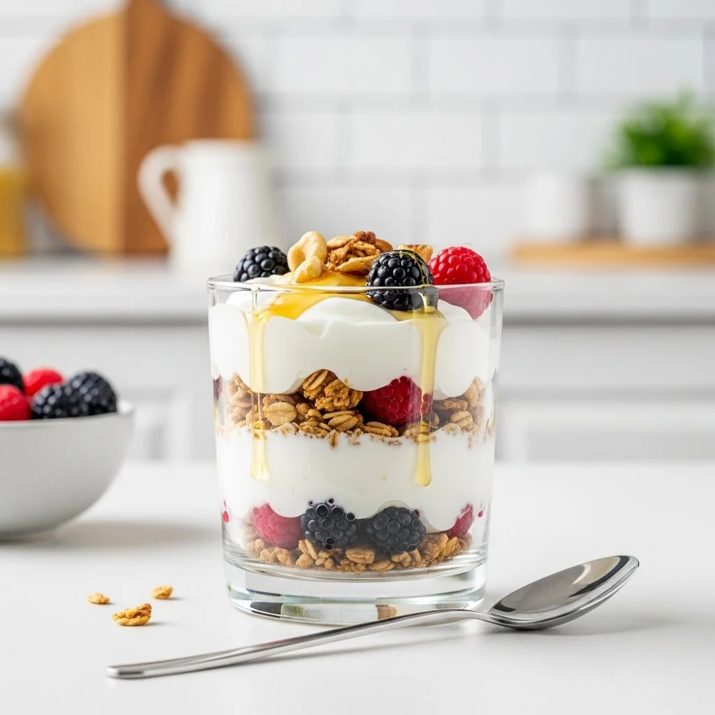 High protein Greek yogurt parfait with fruits and granola served in a glass.