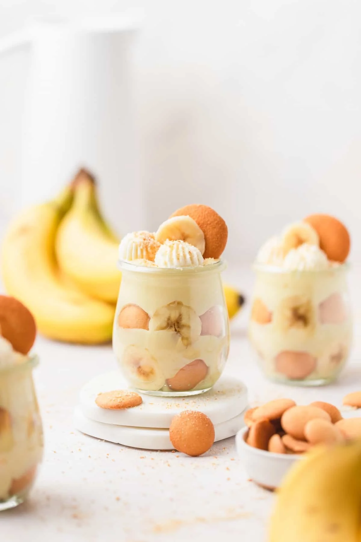 Delicious homemade banana pudding cups served in clear dessert dishes