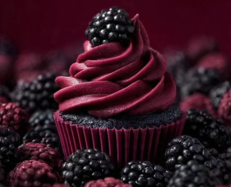 Homemade blackberry buttercream frosting spread on cupcakes