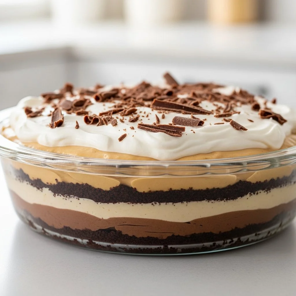 Delicious layered Irish coffee pie with coffee cream and chocolate crust