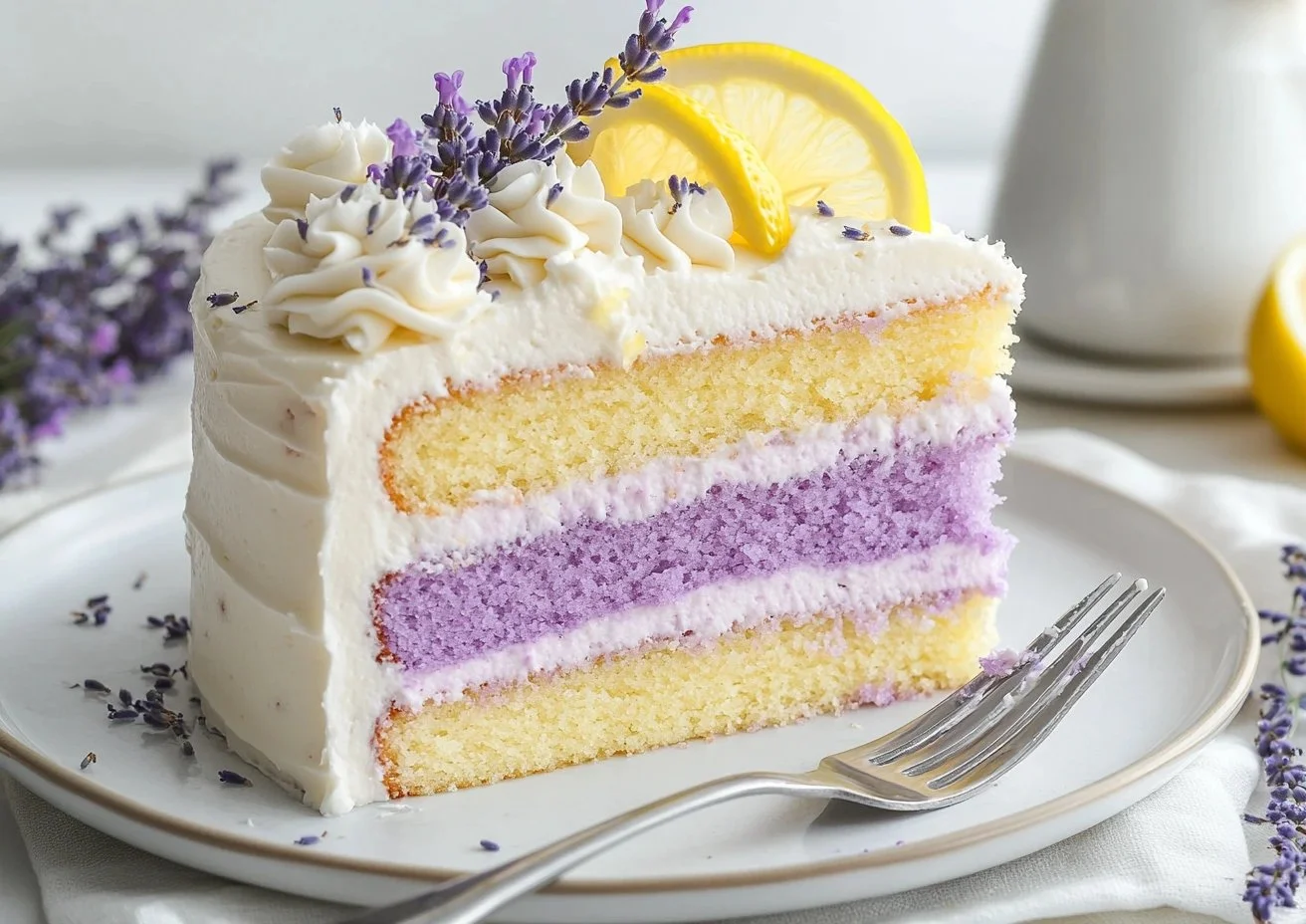 Delicious lemon lavender cake topped with fresh lavender flowers and lemon zest.