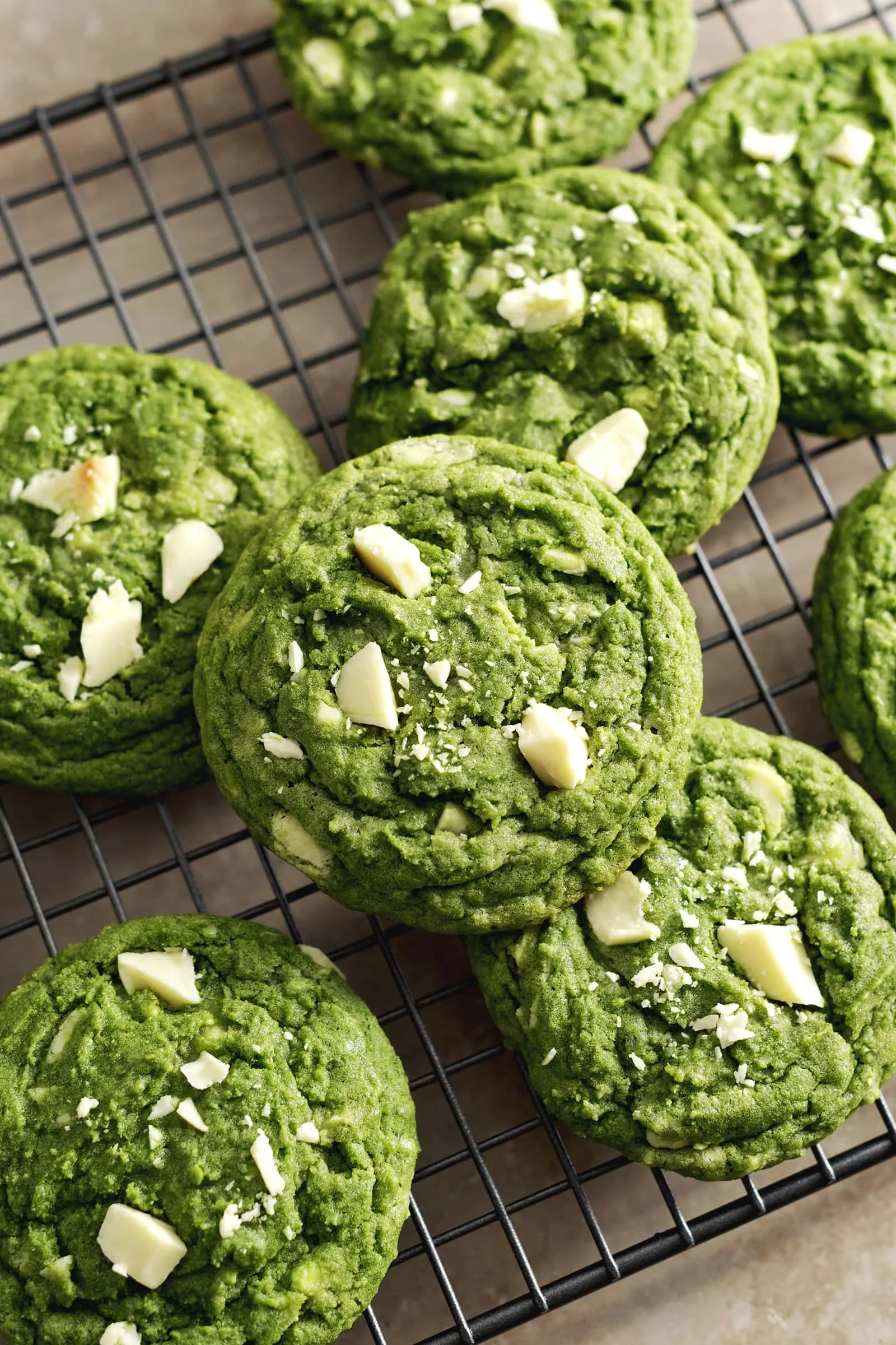 Matcha cookies with white chocolate chips on a plate