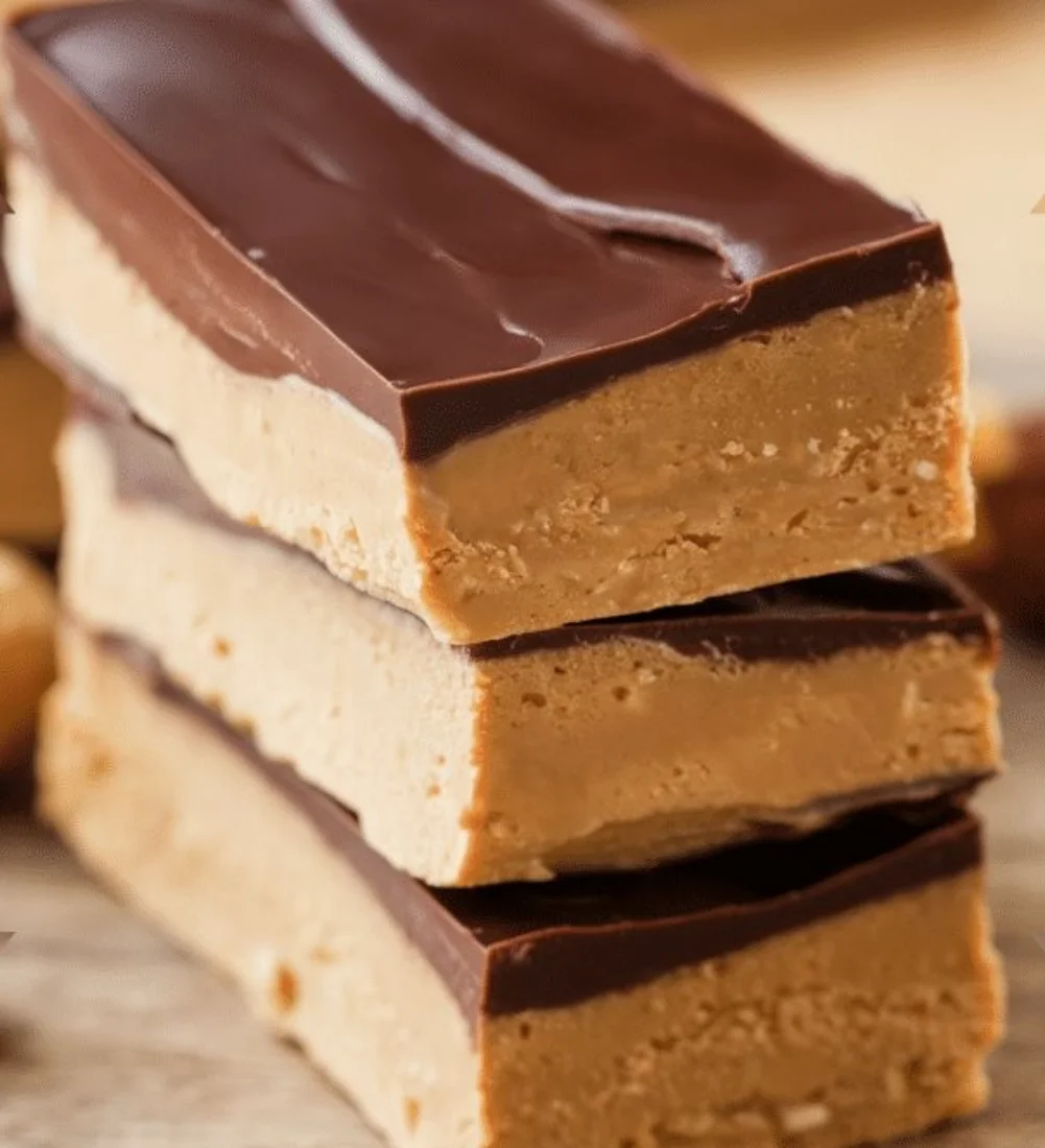 No-bake peanut butter protein bars stacked on a wooden table.