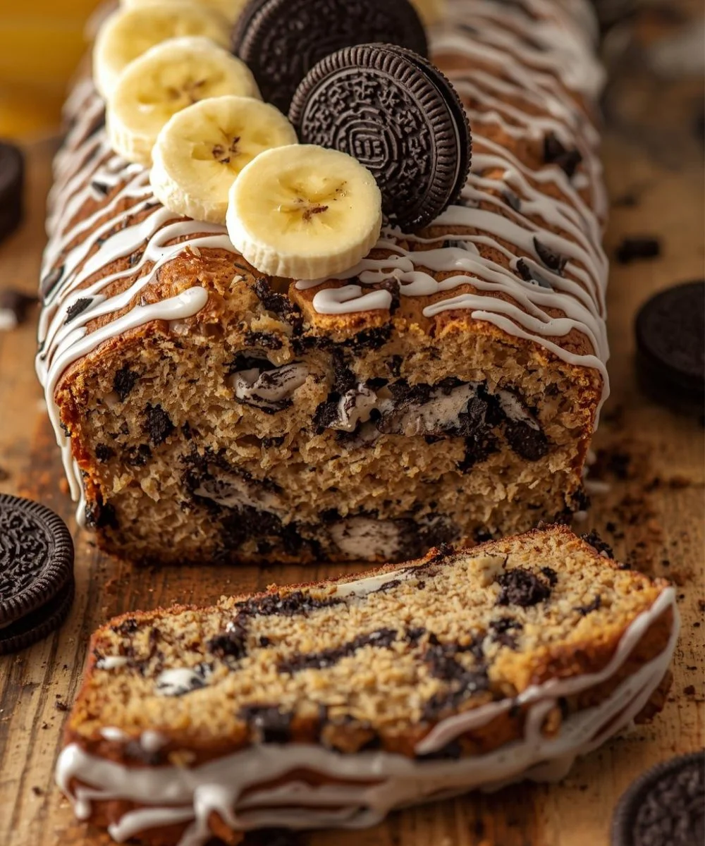 Delicious Oreo Banana Bread with cookies displayed on a wooden table