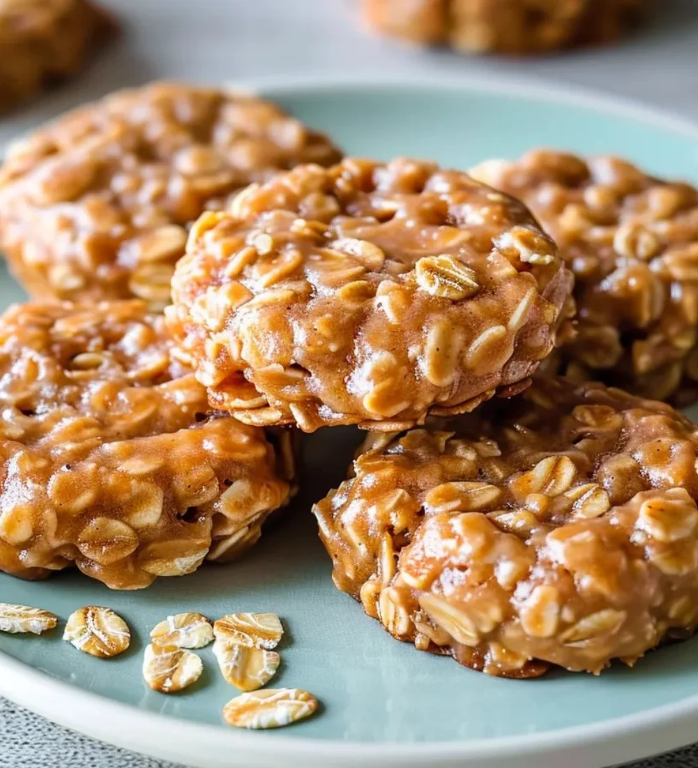 Delicious peanut butter no bake oatmeal cookies stacked on a plate
