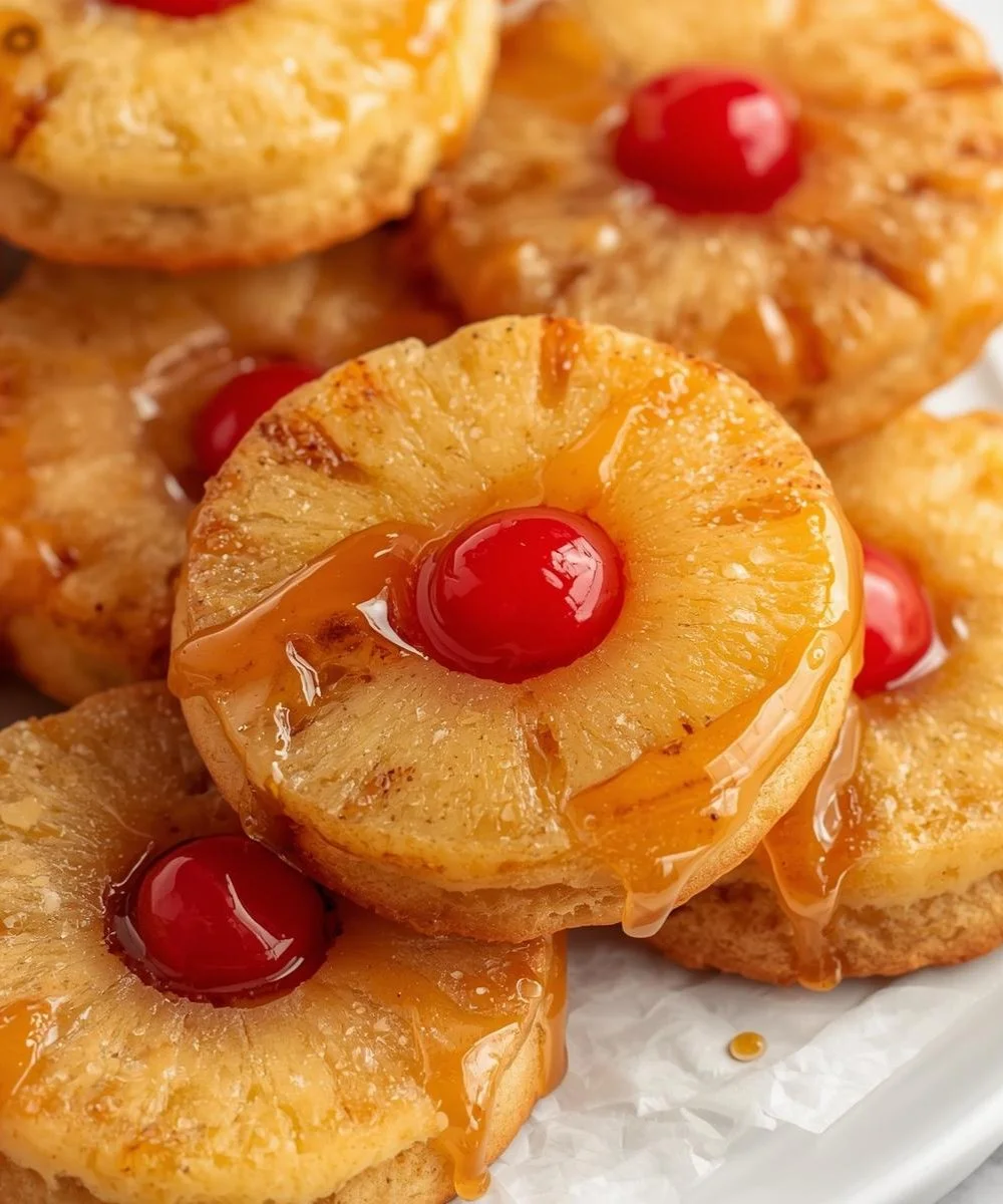 Pineapple Upside Down Sugar Cookies on a plate with tropical garnishes.