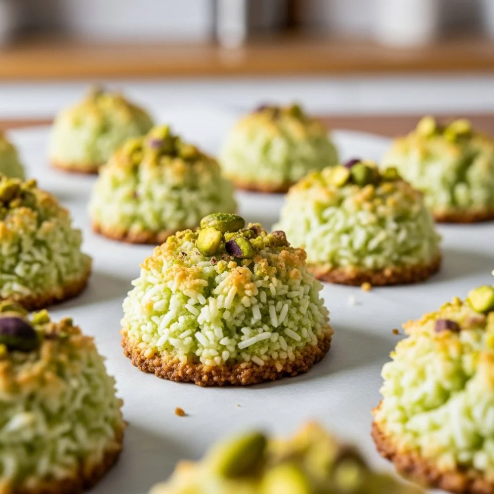 Delicious pistachio coconut macaroons on a plate