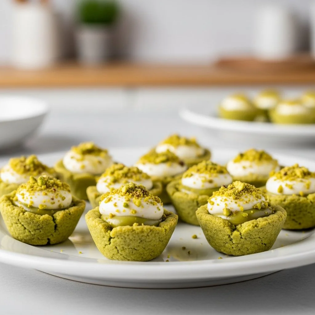 Delicious pistachio cookie cups filled with creamy frosting