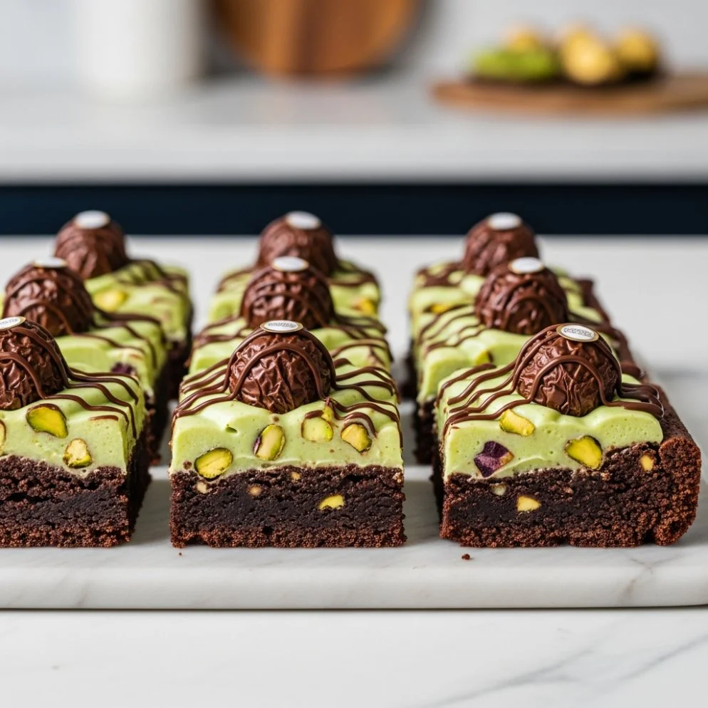 Decadent Pistachio Ferrero Rocher Brownies topped with chocolate and nuts.