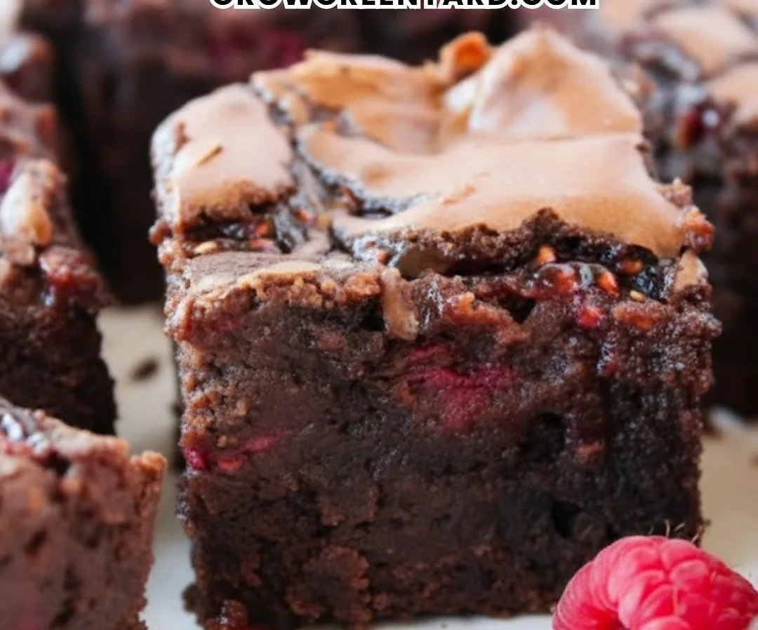Raspberry brownies topped with fresh raspberries and chocolate drizzle