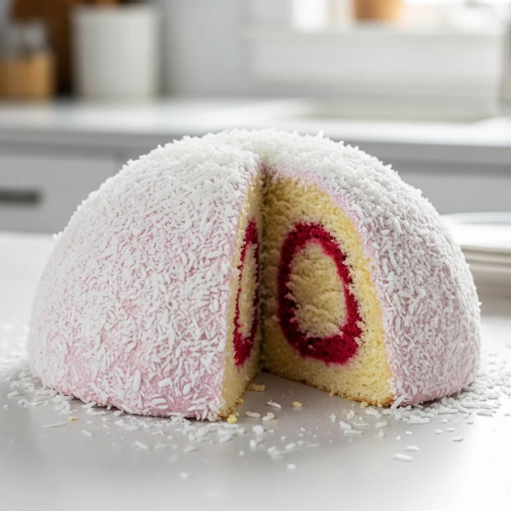 Delicious Raspberry Swirl Coconut Snowball Cake with a vibrant raspberry topping.