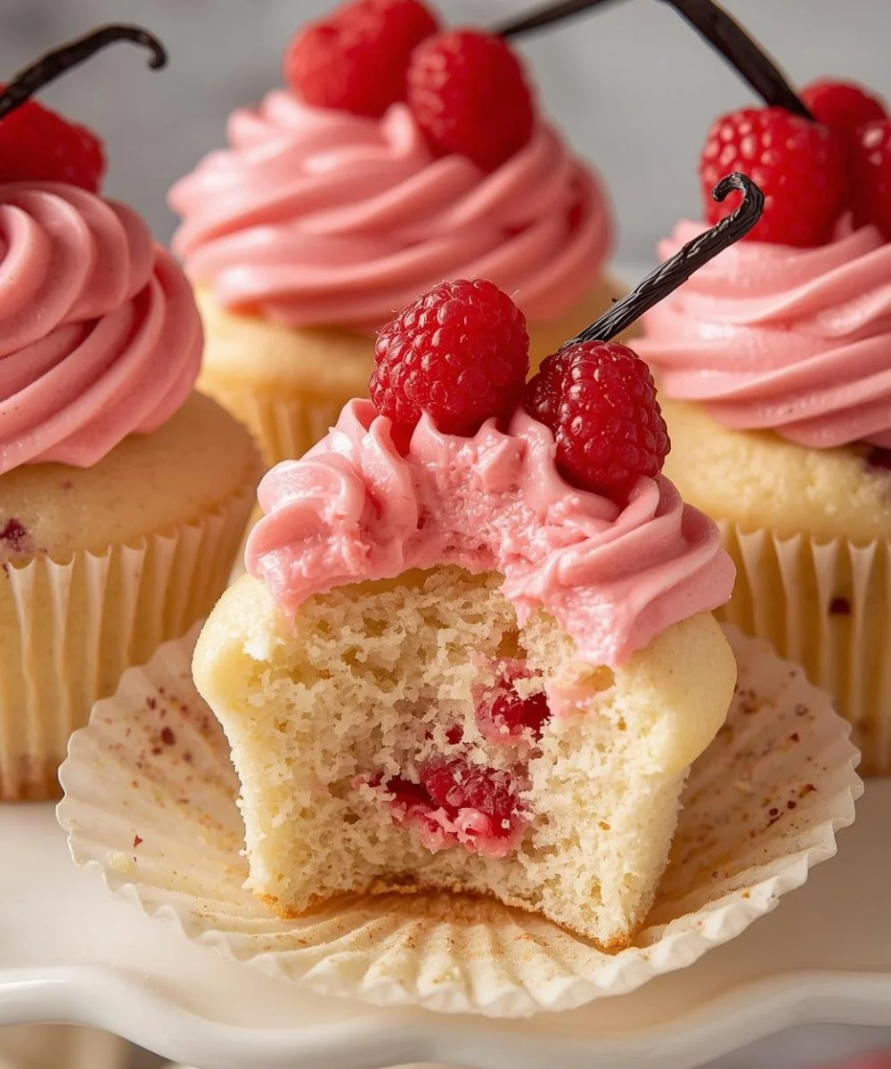 Delicious Raspberry Vanilla Bean Cupcakes decorated with fresh raspberries.