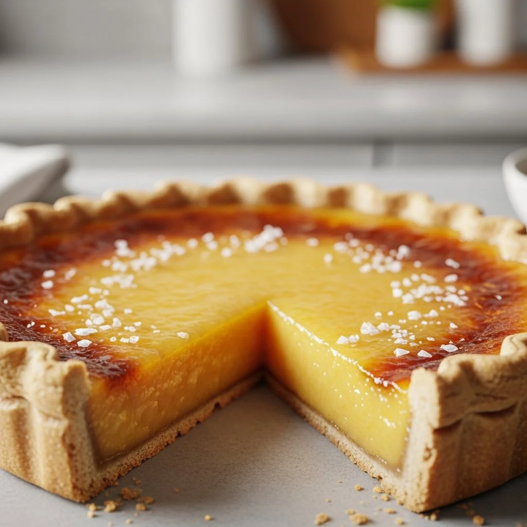 Slice of delicious Salted Honey Pie topped with sea salt and honey drizzle