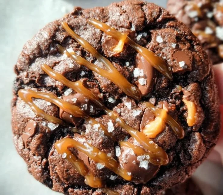 Delicious sea salt caramel cookies drizzled with caramel sauce and sprinkled with sea salt