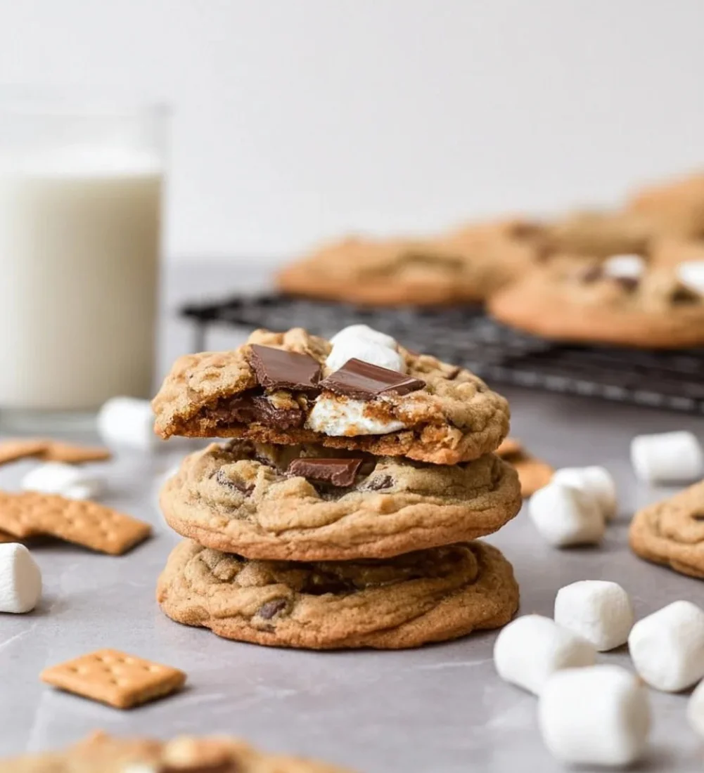 Soft and chewy s'mores cookies with graham crackers, chocolate, and marshmallows