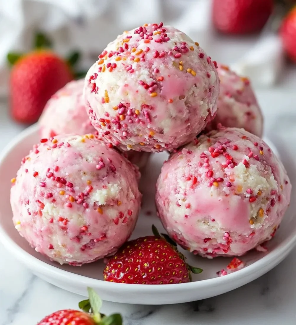 Strawberry Cheesecake Protein Balls made with healthy ingredients