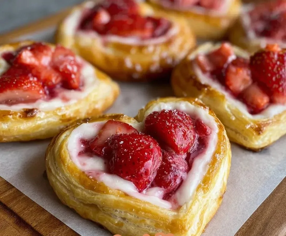 Heart-shaped Strawberry Cream Cheese Danishes topped with fresh strawberries