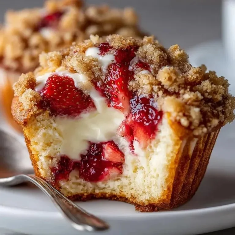 Freshly baked strawberry cream cheese muffins with a golden top and strawberries