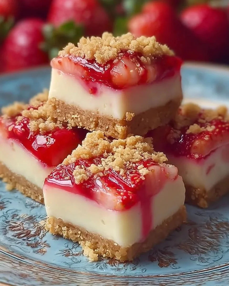 Strawberry crunch cheesecake bites garnished with fresh strawberries.