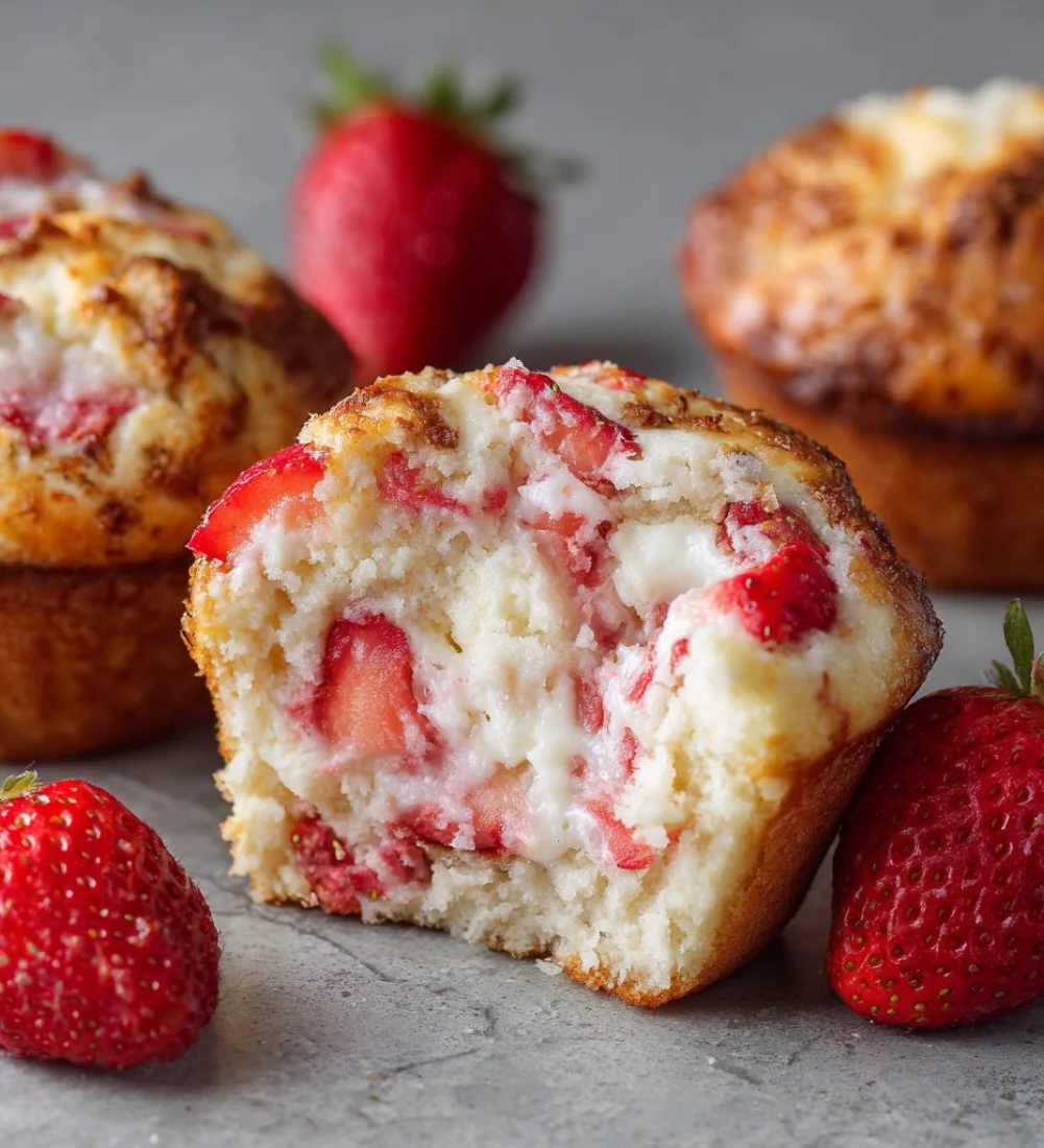 Freshly baked strawberry protein muffins with healthy ingredients