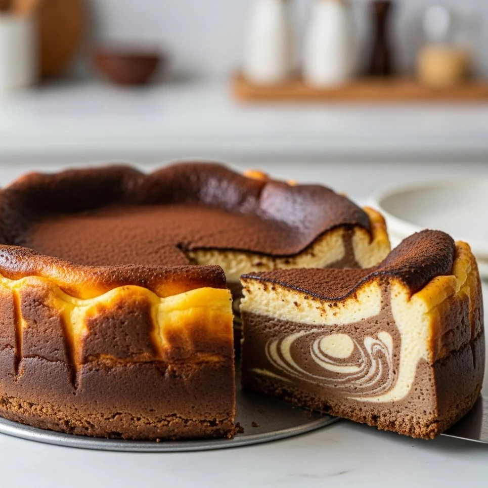 Delicious slice of Tiramisu Basque Cheesecake with coffee and cocoa layers.