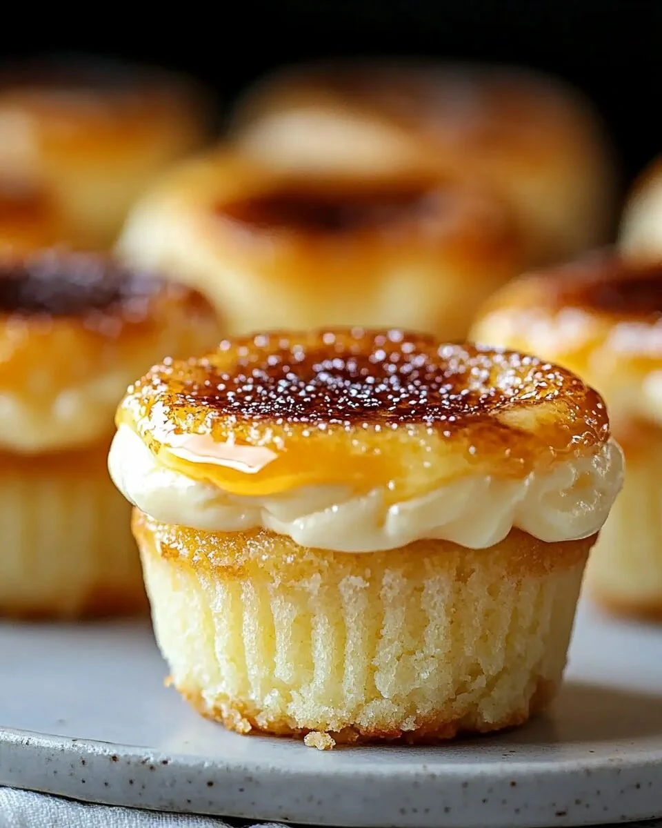 Vanilla Bean Crème Brûlée Cheesecake Cupcakes topped with caramelized sugar