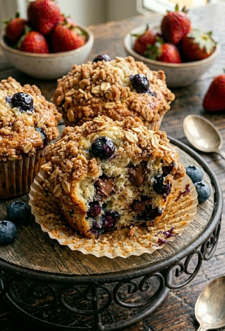 Freshly baked bakery style muffins in a rustic setting
