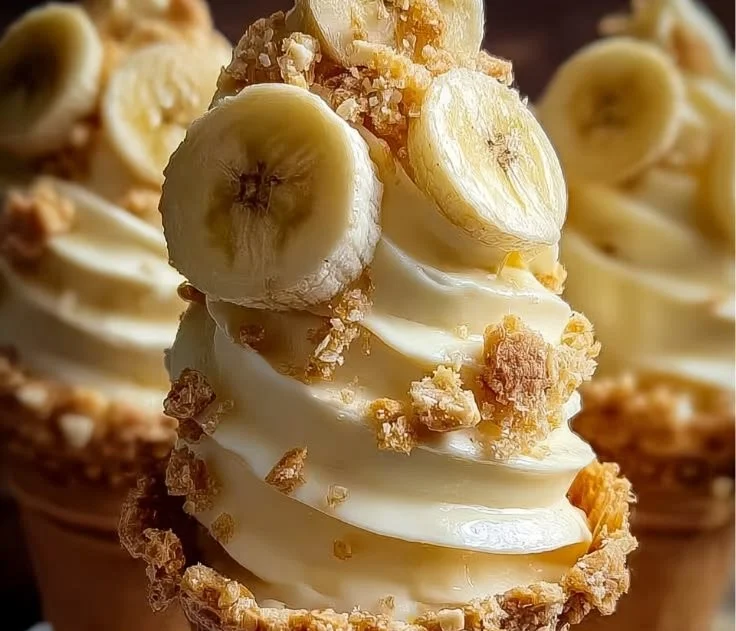 Delicious banana pudding cheesecake cones served on a platter