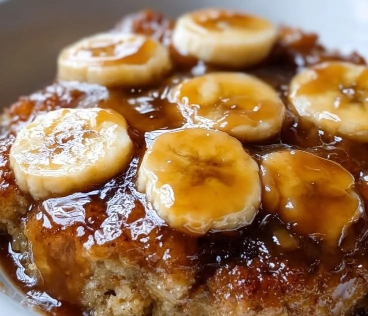 Delicious Bananas Foster Cobbler served in a dish, topped with whipped cream.