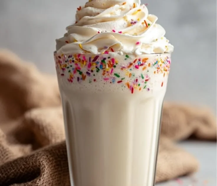 Delicious birthday cake milkshake topped with whipped cream and sprinkles