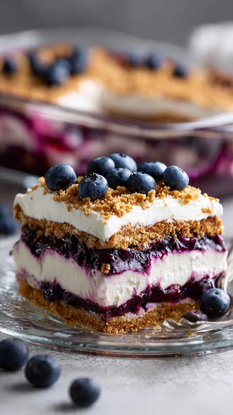 Delicious blueberry cheesecake lasagna with layers of creamy cheesecake and blueberries.
